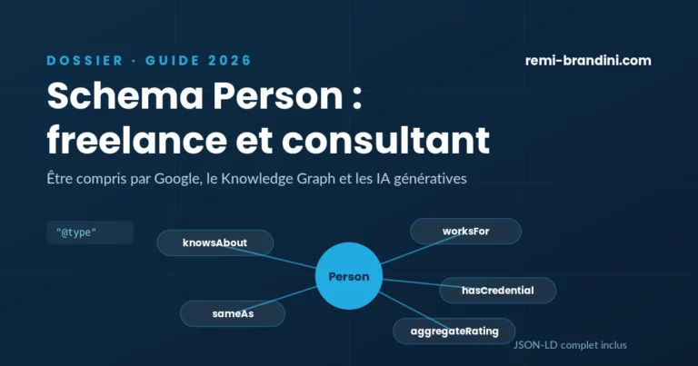 Schema Person freelance et consultant : graphe d'entité avec knowsAbout, sameAs, worksFor, hasCredential et aggregateRating